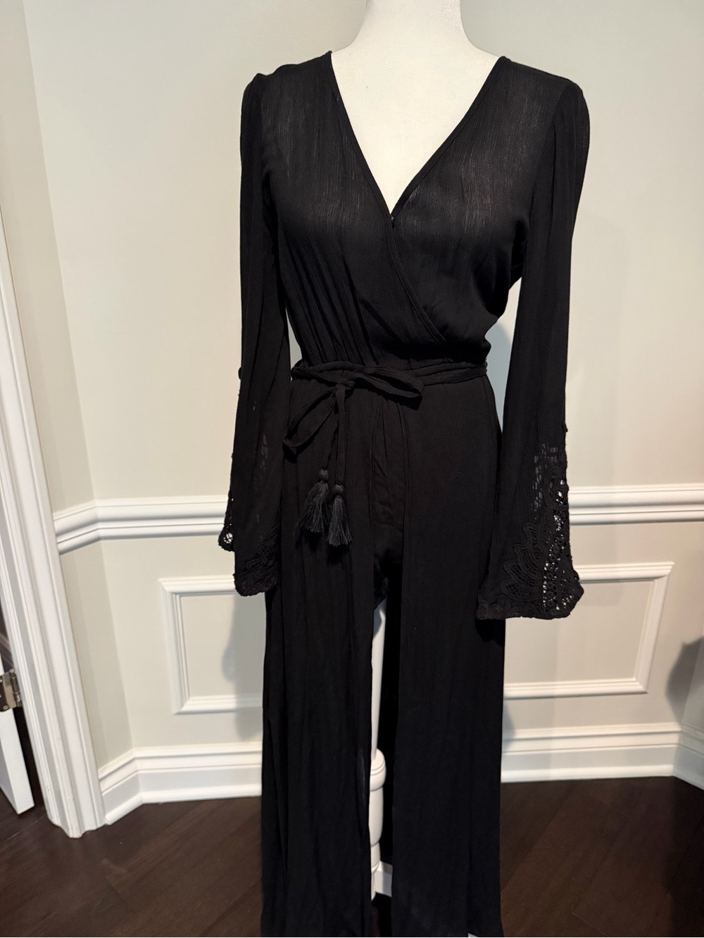 Black Wrap Crochet-Sleeve Jumpsuit with Tassel Tie